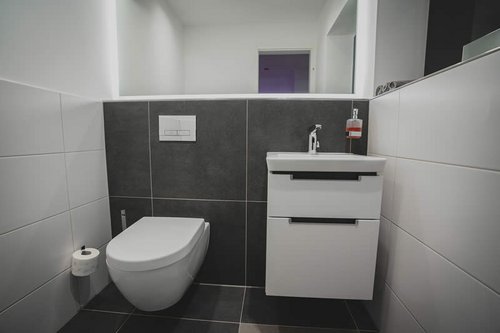 Waschtisch-Armatur XERIS E HD-M und WC-Betätigungsplatte MONTUS BOARD im Damen-WC der Loge Lüdenscheid