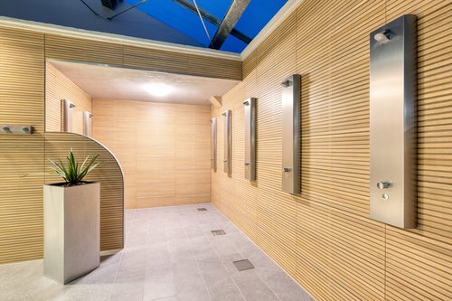 SCHELL Duschpaneel LINUS Inox DP-C-T und Duschkopf COMFORT Flex im Duschbereich der Panorama Sauna Grafschaft-Holzweiler 