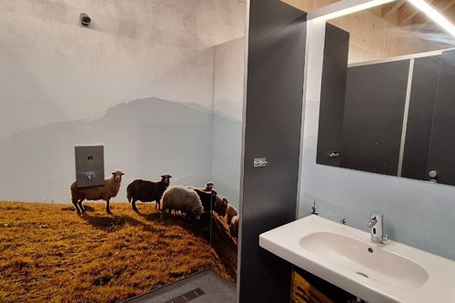 Große Duschkabine auf dem Campingplatz Sonnenhof in Ellwangen mit Unterputz-Dusche LINUS D-C-T und der elektronischen Waschtisch-Armatur PURIS E HD-M.