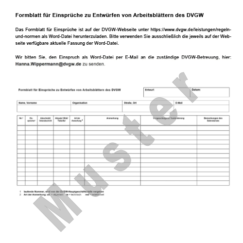 Formblatt für Einsprüche im Entwurf des DVGW W 551-1 (A)